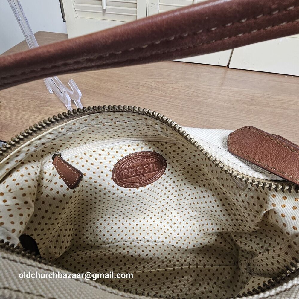 FOSSIL Tote Small Peach/Leather Canvas Hobo,Hand Bag Purse,  Pre-loved - Picture 7 of 16